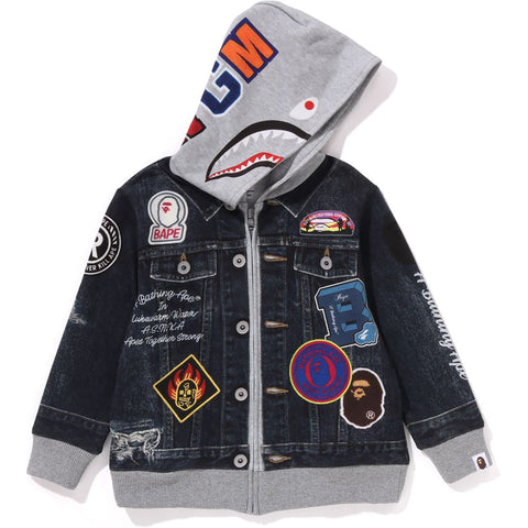 SHARK BAPE EMBLEM DENIM JACKET PRINT ZIP HOODIE KIDS