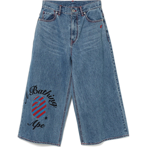STRIPE COLLEGE CROPPED WIDE DENIM PANTS LADIES