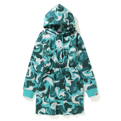 MARBLE CAMO SHIRRED WAIST PULLOVER HOODIE ONEPIECE LADIES