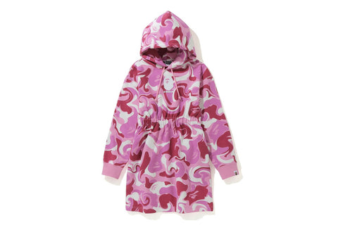 MARBLE CAMO SHIRRED WAIST PULLOVER HOODIE ONEPIECE LADIES