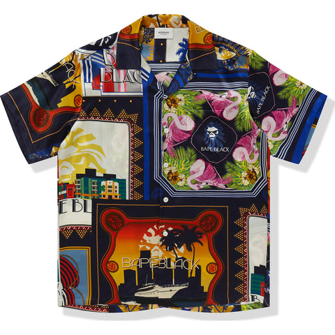 BAPE BLACK PRINTED SHORT SLEEVE SILK SHIRT MENS